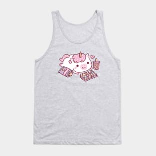 Cute Unicorn Chilling With Manga Chips And Boba Tea Tank Top